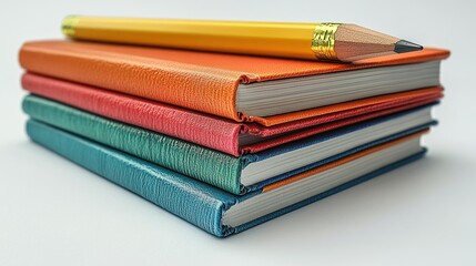 Stack of colorful notebooks and a yellow pencil