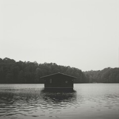 Obraz premium Serene Lakeside Cabin Retreat in Tranquil Waters on a Misty Day Amidst Lush Green Trees