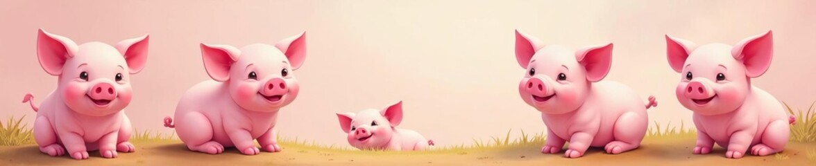 Pig themed seamless background with smiling cartoon piglets, cute, happy, repeat