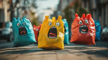Obraz premium Screaming garbage bags running down the street
