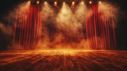 Obraz premium Red Curtains Parting on a Smoky Stage with Spotlights Illuminating the Wooden Floor, Capturing Theatrical Atmosphere