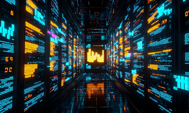 Digital Data Corridor with Colorful Graphs and Information Panels
