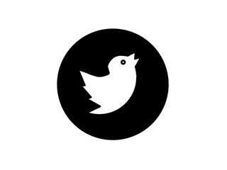The image shows a white silhouette of a bird, resembling a simplified depiction of a bird in flight, set against a solid black circular background.
