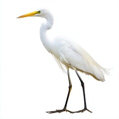 Elegant white heron with an extended long beak wading in shallow water against a radiant white background
