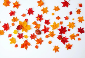 Obraz premium Vibrant red, orange, yellow, and brown autumn leaves scattered on pure white backdrop, november, foliage