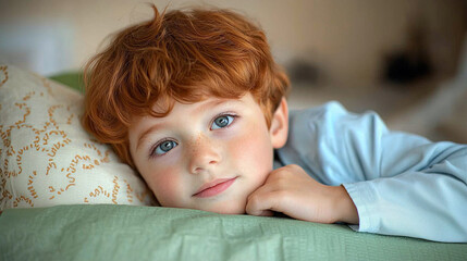 Young child with red hair and blue eyes resting on pillow