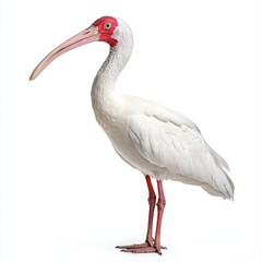 Majestic white ibis bird displaying its beautiful white feathers and unique beak in an isolated white background scene