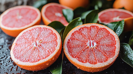 Fresh juicy grapefruit halves with green leaves on dark surface