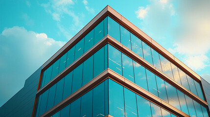 Modern glass office building reflecting blue sky and white clouds