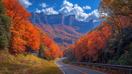 Winding mountain road through vibrant orange autumn trees and rocky cliffs