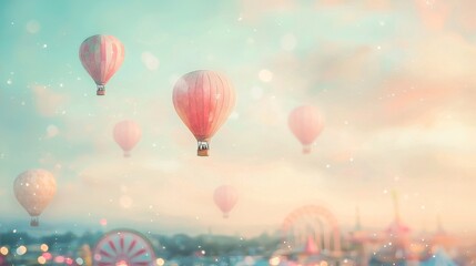 Fototapeta premium Vintage Watercolor Card Featuring Hot Air Balloons in a Serene Sky, Evoking Nostalgia and Adventure
