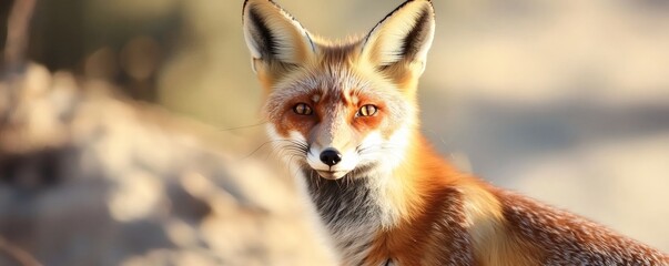Fototapeta premium A beautiful fox with red fur stares directly towards the viewer