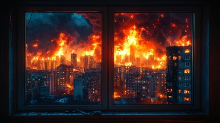 Fototapeta premium City Skyline in Flames at Night with Billowing Smoke and a Chaotic Atmosphere of Destruction