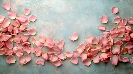 Obraz premium Soft Petal Romance: Pink Rose Petals on Textured Blue, Ideal for Romantic, Floral, or Natural Design Projects, Perfect for Weddings and Celebrations