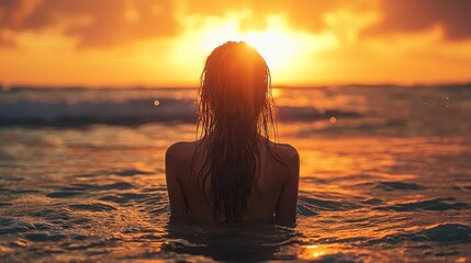 Fototapeta premium Serene Young Woman in the Ocean at Sunset, Gazing at the Horizon
