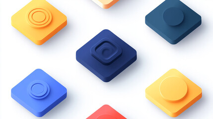 A vibrant arrangement of colorful, layered square buttons with different designs and textures, set against a clean, white background.
