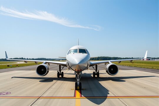 Front view of a modern passenger airplane on the runway, ready for departure