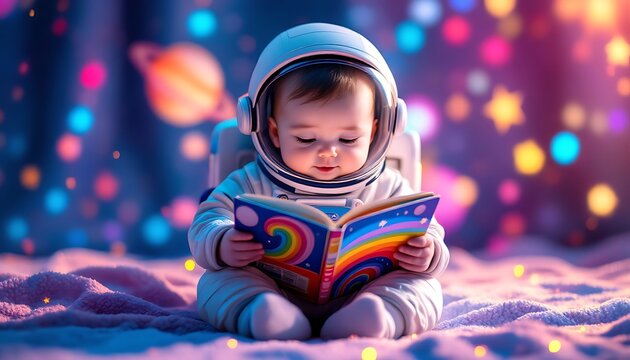 Fototapeta Adorable Baby Astronaut Reading Book in Space