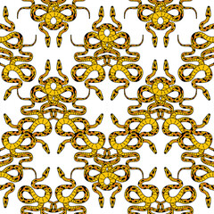 Vibrant yellow snake pattern dances across a white canvas in stunning symmetry