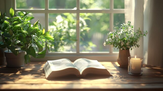 Cozy Bible Reading Setup at Home with Warm Lighting and Natural Elements