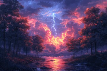 Obraz premium Ethereal lightning strikes amidst a vibrant dreamy skyscape over a serene waterscape bordered by trees A surreal fusion of nature's power