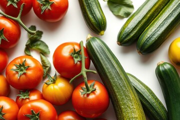Fresh tomatoes and zucchini arranged on a surface