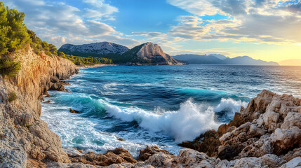 Fototapeta premium Majestic Mediterranean Seascape with Rugged Coastline and Dynamic Turquoise Waves Splashing