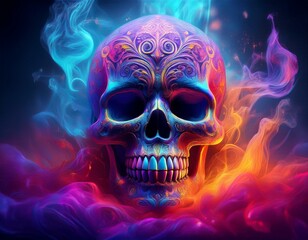 Generated image A surreal Día de Muertos-inspired design featuring a glowing skull surrounded by swirling