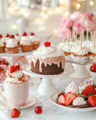 an array of delectable desserts, including cupcakes, cake, and a strawberry-topped drink, presented on a table