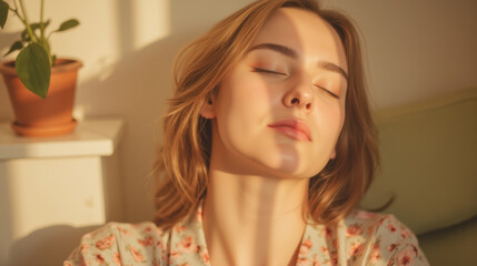 Naklejka premium serene woman with closed eyes enjoys sunlight streaming through window, creating soft shadows on her face