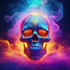 Generated image A surreal Día de Muertos-inspired design featuring a glowing skull surrounded by swirling