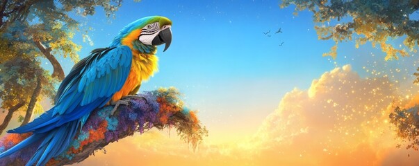 A colorful macaw bird perched on a branch under a blue sky