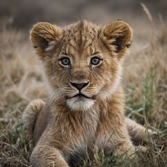 "A young lion cub sitting and gazing curiously, with soft fur and big eyes, on a white background."
