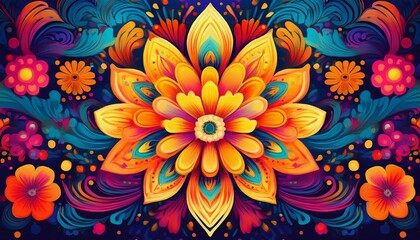 Generated image An explosion of vibrant color in a D&iacute;a de Muertos-inspired floral pattern