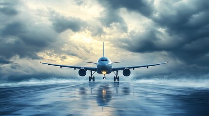 Commercial jetliner on wet runway during stormy weather