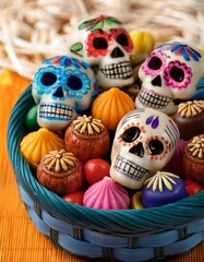 Generated image A close-up of a basket full of colorful D&iacute;a de Muertos candies, including skull-shaped choco