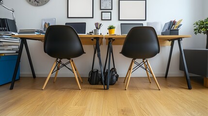 Modern Minimalist Workspace with Wooden Desk and Black Chairs in a Bright Office Setting
