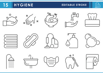 A set of line icons related to Hygiene. Health, food, clean, wash, tissue paper, sanitary pad, and so on. Vector editable stroke.