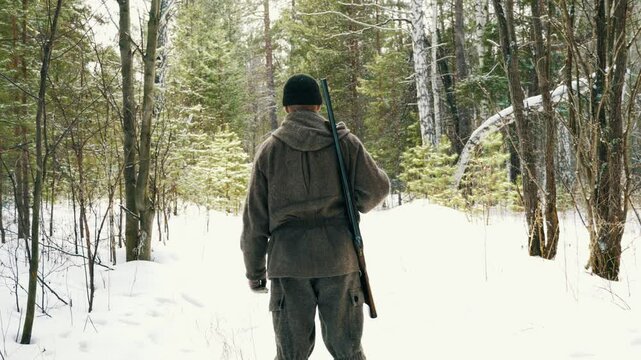 A lone hunter with a gun in a winter forest. Rear view. Tracking and hunting wild forest animals. Snow is falling.