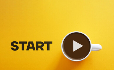 A cup of coffee with play button or start button for the productive day. Every day is a fresh start