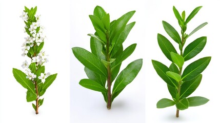 Three vibrant plant sprigs, one blooming white flowers, others with lush green leaves, isolated on white background.