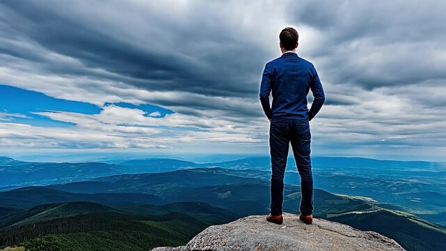 A solitary figure gazes across a sprawling valley from a rugged summit. Concept of self-reflection and boundless outdoor freedom.