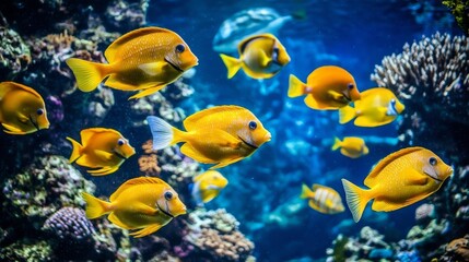Obraz premium A school of vibrant yellow fish swim gracefully in a vibrant coral reef, showcasing the beauty of underwater life.