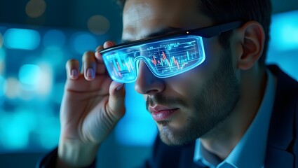 Businessman wearing augmented reality smart glasses with digital interface