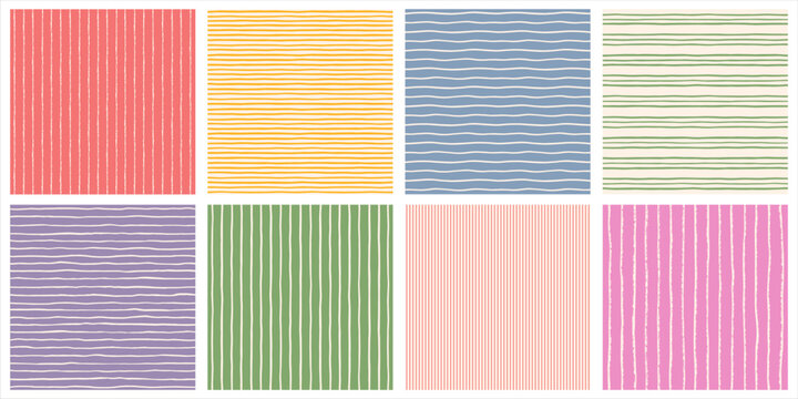 Pinstripes, thin narrow regular stripes seamless repeat vector patterns collection. Hand drawn doodle uneven parallel bars streaks striped backgrounds set. Chalk crayon brush endless lines, strokes.
