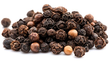 Close-up View of Whole Black Peppercorns on White Background for Culinary Use and Spices Exploration