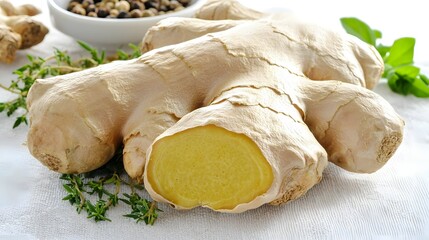 Partially Peeled Ginger Root Surrounded by Fresh Herbs and Spices on Linen Fabric