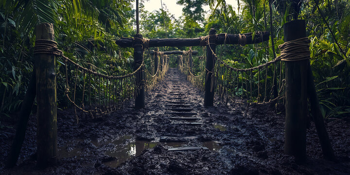 Wild Jungle Adventure Obstacle Course Race with Muddy Challenges for Extreme Sports, Team-Building, or Outdoor Endurance Events