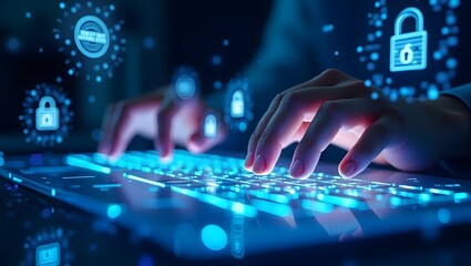 Cybersecurity concept with hands typing on illuminated keyboard