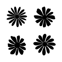 A set of simple silhouette of a daisy flower, hand-drawn, isolated on white, vector illustration. Floral botanical black element for decoration, celebration, design. Graphic beautiful icons 